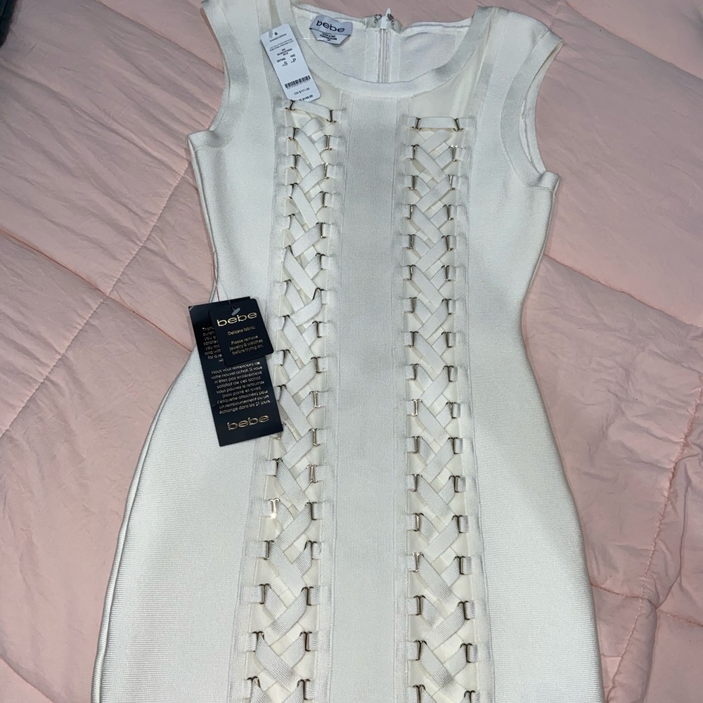 Bebe Ivory Lucy Lace Up Panels Sweater Dress